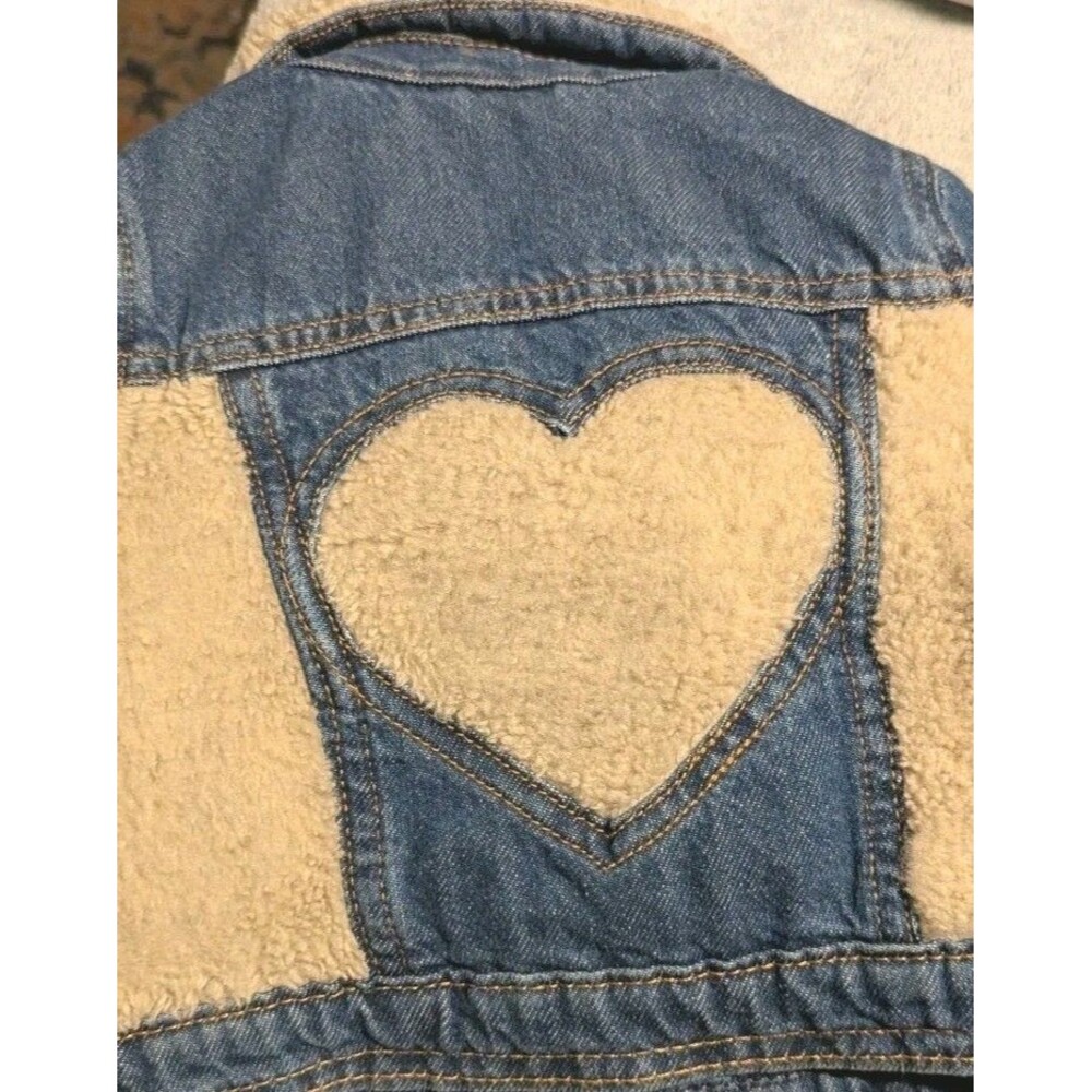 Baby Gap Sherpa Icon Blue Denim Jacket Heart 12-18 Mo Snap Front Fleece Trim - Picture 3 of 4